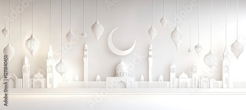 White banner background with Ramadan Islamic elements and lanterns, crescent moon, mosque door, paper-cut style. 