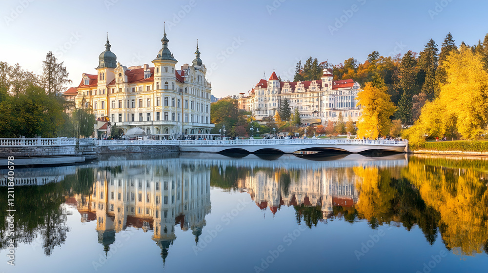 Autumnal lakeside resort town; elegant architecture reflected in calm water; golden foliage in background; perfect for travel brochures Autumnal lakeside resort town; elegant architecture reflected in calm water; golden foliage in background; perfect for travel brochures