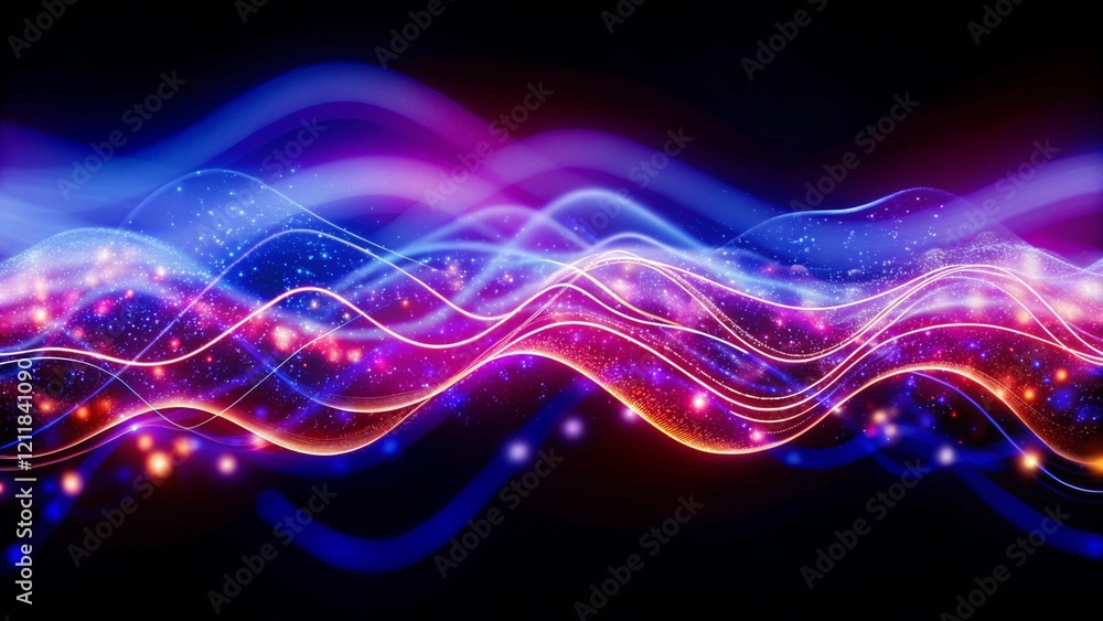 Naklejka premium 3d render. Abstract futuristic background with blurry glowing wave and neon lines. Spiritual energy concept, digital fantastic wallpaper with vibrant flow, mystic aura, and cyber elements.