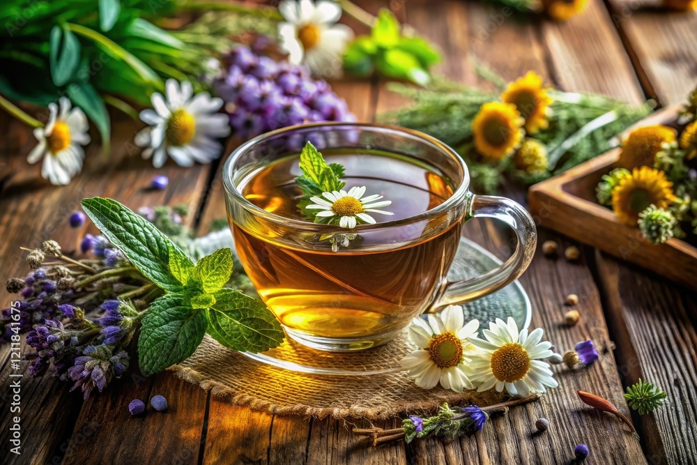 Rustic wooden table, vibrant herbs spill beside a glass teacup; macro captures herbal essence. Rustic wooden table, vibrant herbs spill beside a glass teacup; macro captures herbal essence.