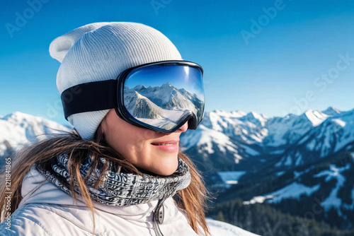 A woman dressed in winter attire, gazing at scenic snowy mountains through her ski goggles on a clear day.