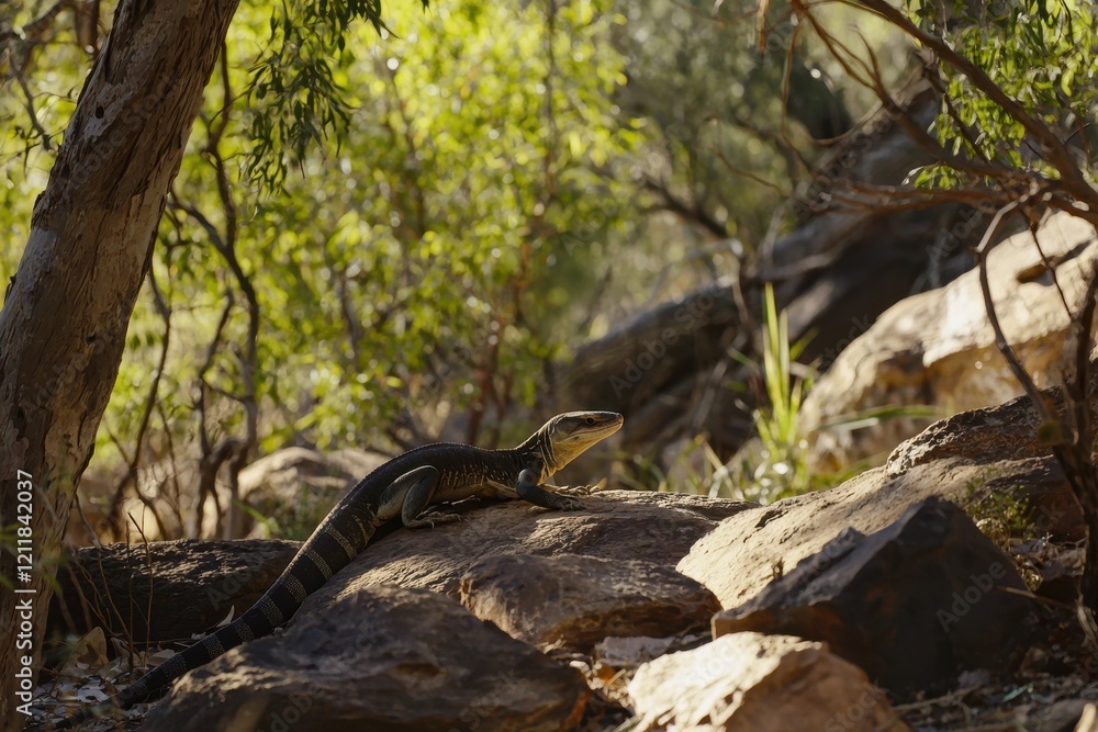 A goanna basking on sun-warmed rocks in the Australian bush, its tongue flicking out in search of scents A goanna basking on sun-warmed rocks in the Australian bush, its tongue flicking out in search of scents