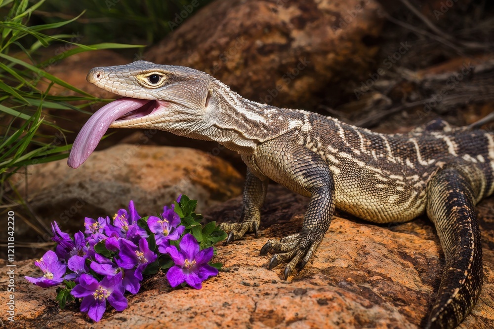 Naklejka premium A goanna basking on sun-warmed rocks in the Australian bush, its tongue flicking out in search of scents