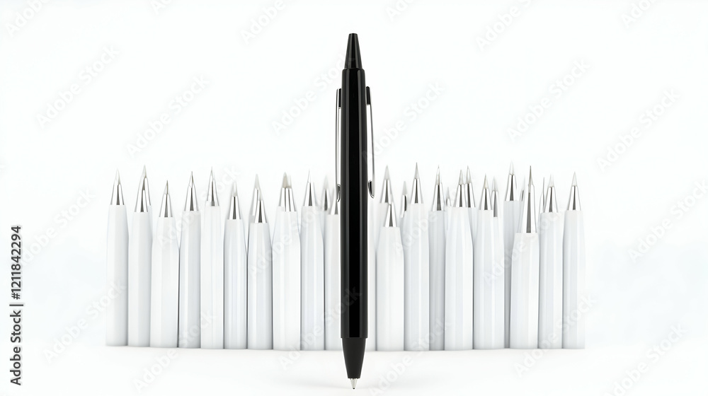 Black pen stands out among white pens on white background; leadership concept; business image Black pen stands out among white pens on white background; leadership concept; business image