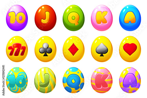 Set of slot symbols -colored eggs for Easter themed slot machines. Easter holiday symbols. Eggs with playing card symbols,jackpot 777 and playing card suits symbols