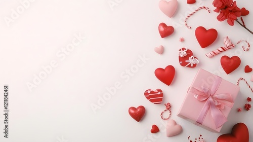 Romantic pink gift box with red hearts roses ribbons and other love themed arranged in a flat lay composition for a Valentine s Day or romantic background
