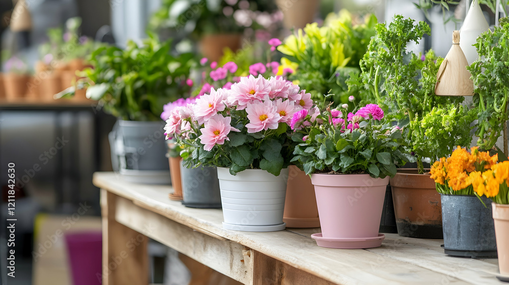 Blooming potted flowers on wooden table in garden center Blooming potted flowers on wooden table in garden center