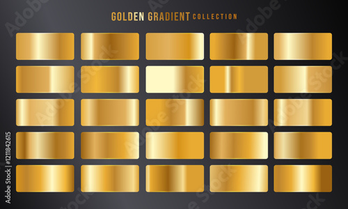 Golden gradients set. Metallic gold gradients. Elegant gold gradients collection.The texture of a smooth metal surface. A collection of gold metallic gradients. Vector illustration