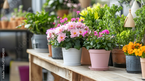 Wallpaper Mural Blooming potted flowers on wooden table in garden center Torontodigital.ca