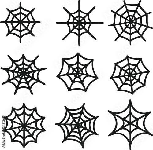 Nine Simple Black Line Spider Web Icons