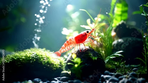 Vibrant Red Shrimp in Lush Planted Aquarium: A Serene Underwater World