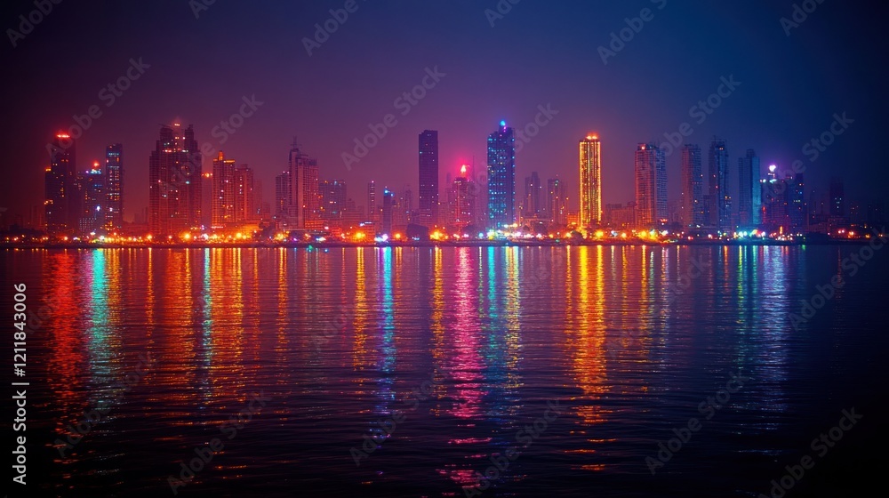 Fototapeta premium Vibrant city skyline at night reflecting in water, showcasing colorful lights and urban life