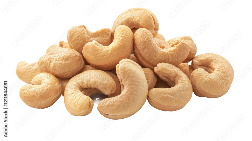 Cashew nuts stacked on a white background, showcasing their natural shape and texture isolated on transparent background Cashew nuts stacked on a white background, showcasing their natural shape and texture isolated on transparent background