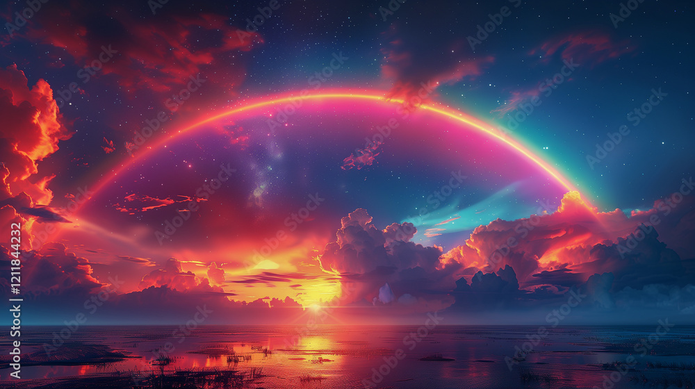 Vibrant Cosmic Sunset with Radiant Rainbow Arch.. Vibrant Cosmic Sunset with Radiant Rainbow Arch..