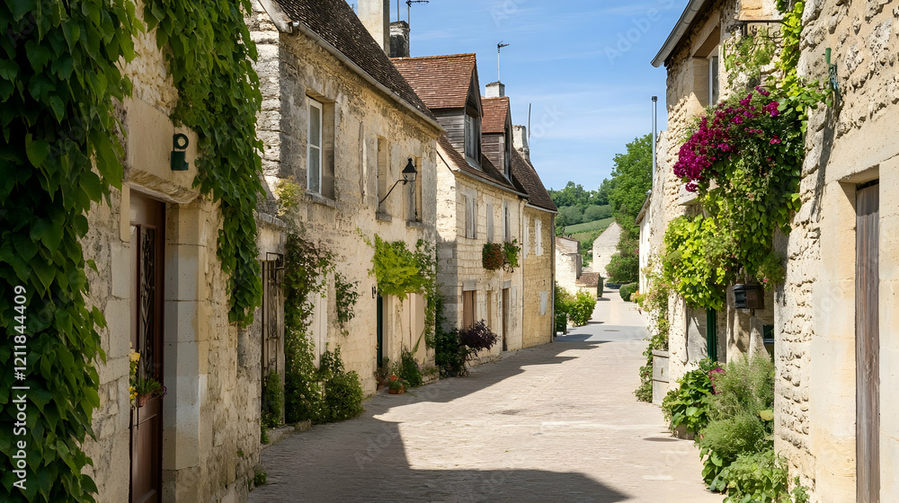 Charming French village street, sunny day, stone houses, lush greenery, idyllic background, perfect for travel brochures Charming French village street, sunny day, stone houses, lush greenery, idyllic background, perfect for travel brochures