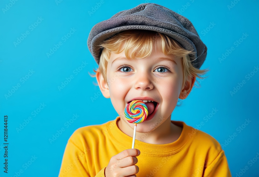 Child in yellow shirt holds colorful lollipop with grey hat on blue background Child in yellow shirt holds colorful lollipop with grey hat on blue background