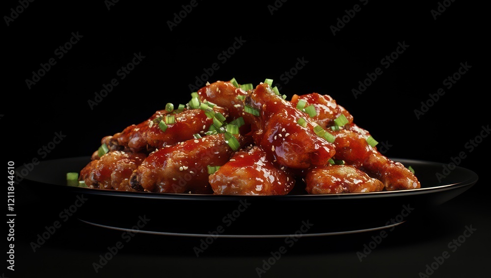 pile of chicken wings with red sauce and green onions on a black plate pile of chicken wings with red sauce and green onions on a black plate