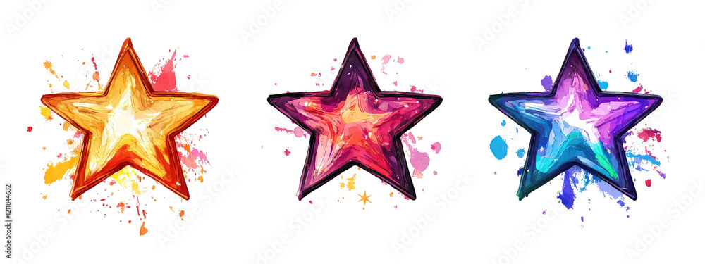 Obraz premium Bright and colorful star icons with splashes of paint in background, perfect for creative projects and designs. These vibrant stars add playful touch to any artwork