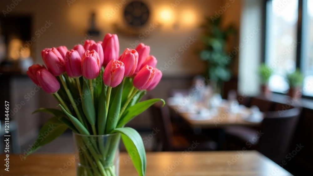 Tulips flowers bouquet on the table at a cozy restaurant. Text space Tulips flowers bouquet on the table at a cozy restaurant. Text space
