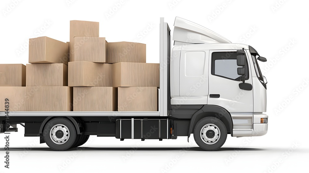 High Definition 3D Representation of a Delivery Truck Loaded with Stacked Cardboard Boxes Set Against a Simple White Background Suitable for Business or Shipping Industry Content High Definition 3D Representation of a Delivery Truck Loaded with Stacked Cardboard Boxes Set Against a Simple White Background Suitable for Business or Shipping Industry Content