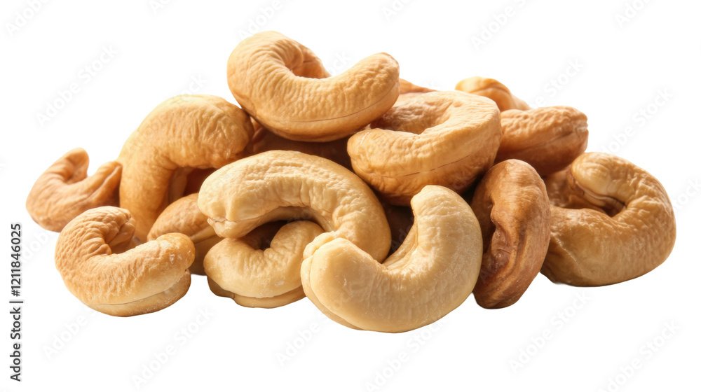 Cashew nuts stacked in a pile on a white background for healthy snacking options isolated on transparent background Cashew nuts stacked in a pile on a white background for healthy snacking options isolated on transparent background