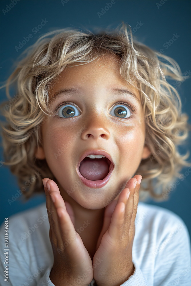 Excitement radiates from a young child with curly hair in a bright indoor setting filled with joy and surprise Excitement radiates from a young child with curly hair in a bright indoor setting filled with joy and surprise
