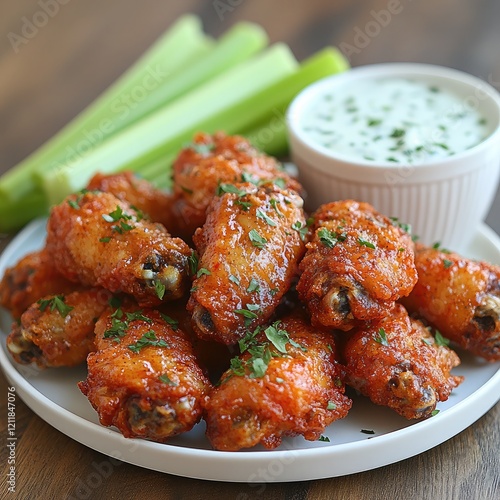 picy fried chicken wings plated with a side of blue cheese dressing and celery sticks photo