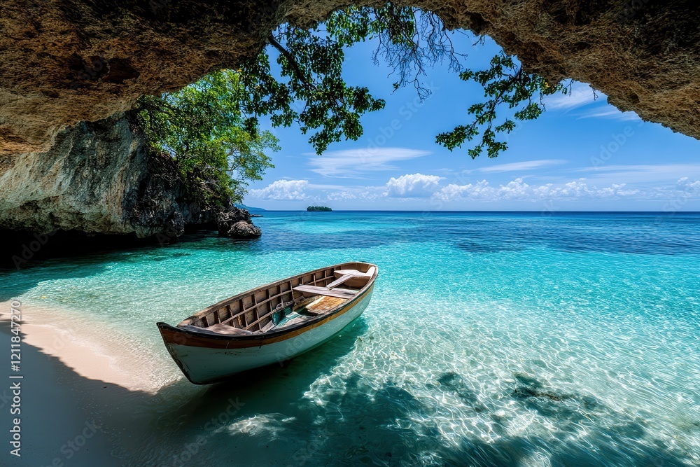 peaceful tropical cove with a wooden boat resting on crystal-clear turquoise waters, surrounded by white sandy shores, rocky cliffs, and lush greenery under a bright sunny sky peaceful tropical cove with a wooden boat resting on crystal-clear turquoise waters, surrounded by white sandy shores, rocky cliffs, and lush greenery under a bright sunny sky