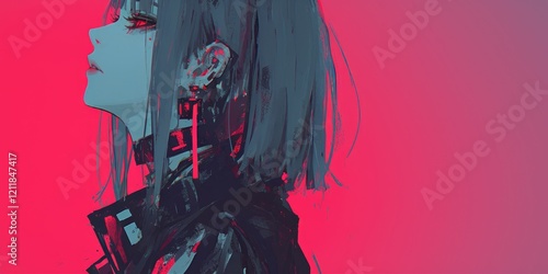 Cyberpunk Anime Girl Profile Vivid Red Background