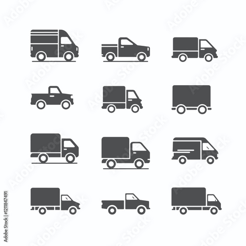 12 black silhouette icons featuring various types of utility and cargo vehicles, including delivery vans, pickup trucks, and covered trucks