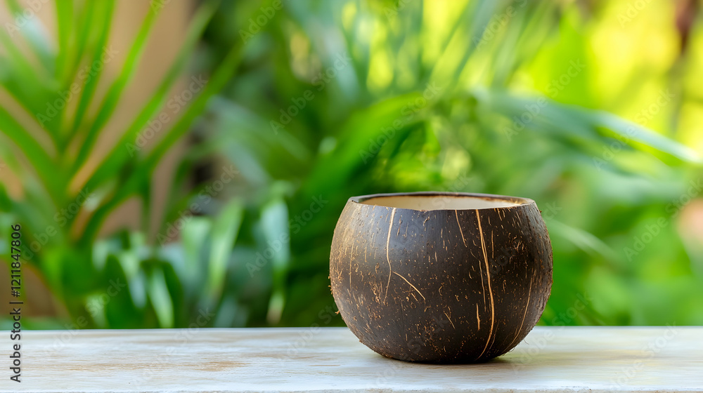 Coconut shell cup on table, lush green background, tropical setting, perfect for eco-friendly product imagery Coconut shell cup on table, lush green background, tropical setting, perfect for eco-friendly product imagery