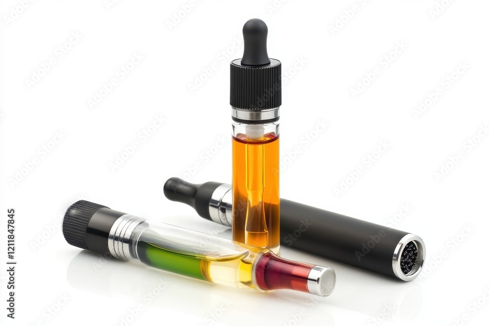E-cigarette starter kit with charger and e-liquid bottles on a wooden table in natural light E-cigarette starter kit with charger and e-liquid bottles on a wooden table in natural light