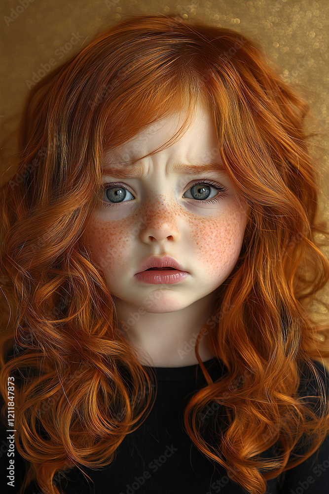 Young girl with curly red hair and expressive green eyes against a golden background Young girl with curly red hair and expressive green eyes against a golden background