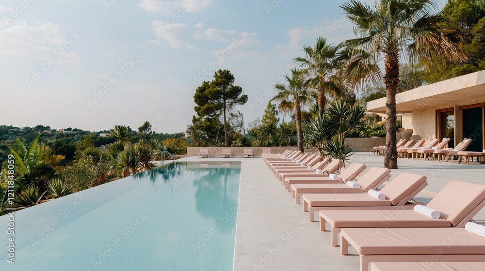 Fototapeta premium Deck Chairs by the Pool at a Luxury Summer Resort