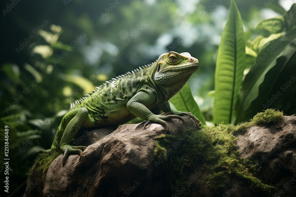 Vibrant chinese water dragon perched on a mossy rock amidst lush foliage, showcasing the beauty of this reptile in its natural environment Vibrant chinese water dragon perched on a mossy rock amidst lush foliage, showcasing the beauty of this reptile in its natural environment