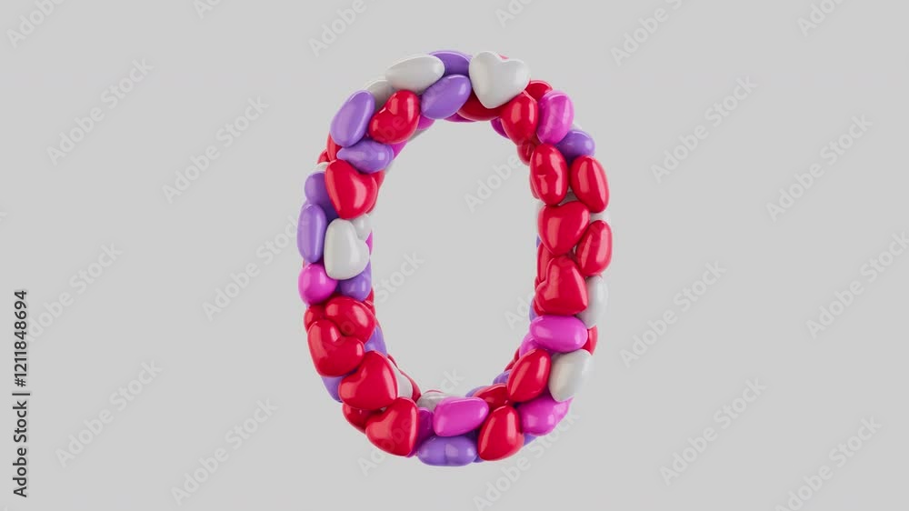 3D animation in 4K with isolated alpha channel on a transparent background: colorful heart-shaped balloons form the number zero. Perfect for romantic, festive, or educational themes 3D animation in 4K with isolated alpha channel on a transparent background: colorful heart-shaped balloons form the number zero. Perfect for romantic, festive, or educational themes
