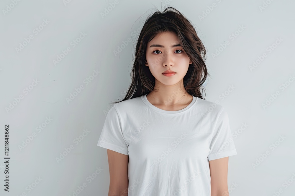 Vibrant Color Image of Asian Woman Wearing Blank White T Shirt Isolated on White Background Vibrant Color Image of Asian Woman Wearing Blank White T Shirt Isolated on White Background