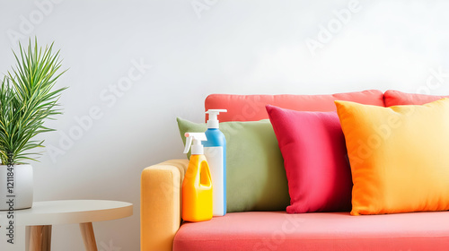 Colorful pillows on sofa, cleaning supplies, plant, modern living room, home cleaning photo