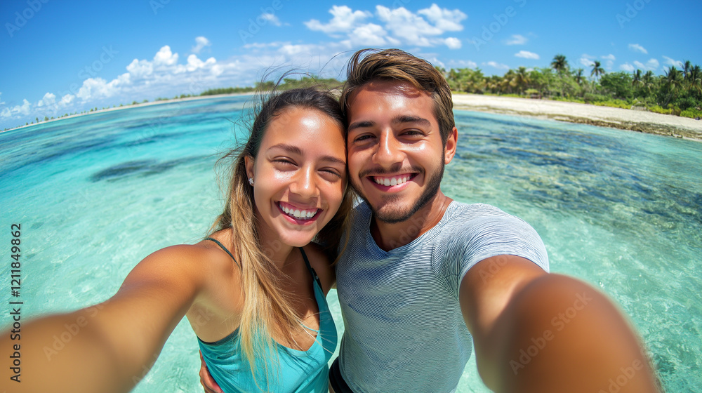 Fototapeta premium Young Couple Taking a Selfie on a Tropical Beach