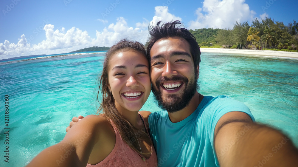 Fototapeta premium Young Couple Taking a Selfie on a Tropical Beach
