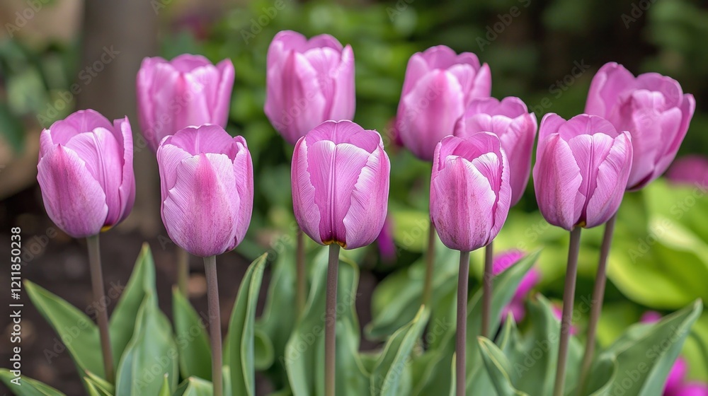 Delicate purple tulips flourish under the warm morning sun, showcasing their vibrant petals and graceful green leaves in a picturesque spring setting. Nature's beauty shines in full bloom Delicate purple tulips flourish under the warm morning sun, showcasing their vibrant petals and graceful green leaves in a picturesque spring setting. Nature's beauty shines in full bloom