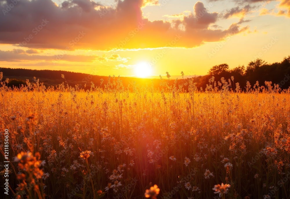 Golden sunset over field with distant trees Golden sunset over field with distant trees
