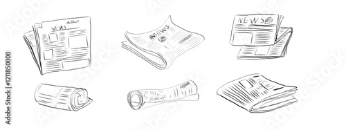 Fresh newspaper hand drawn doodle, latest news, contour drawing, latest publishing. Sketchy news paper stack, local or world news.