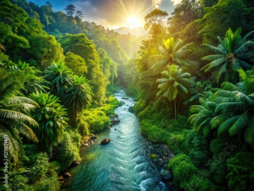 Lush Amazon rainforest: a documentary captures the vibrant green river's tranquil flow.