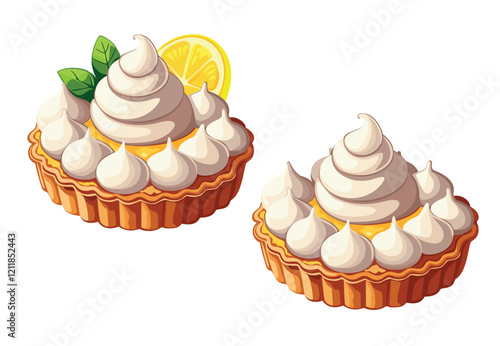 Lemon tartlets with whipped cream or churned meringue. Vector illustration