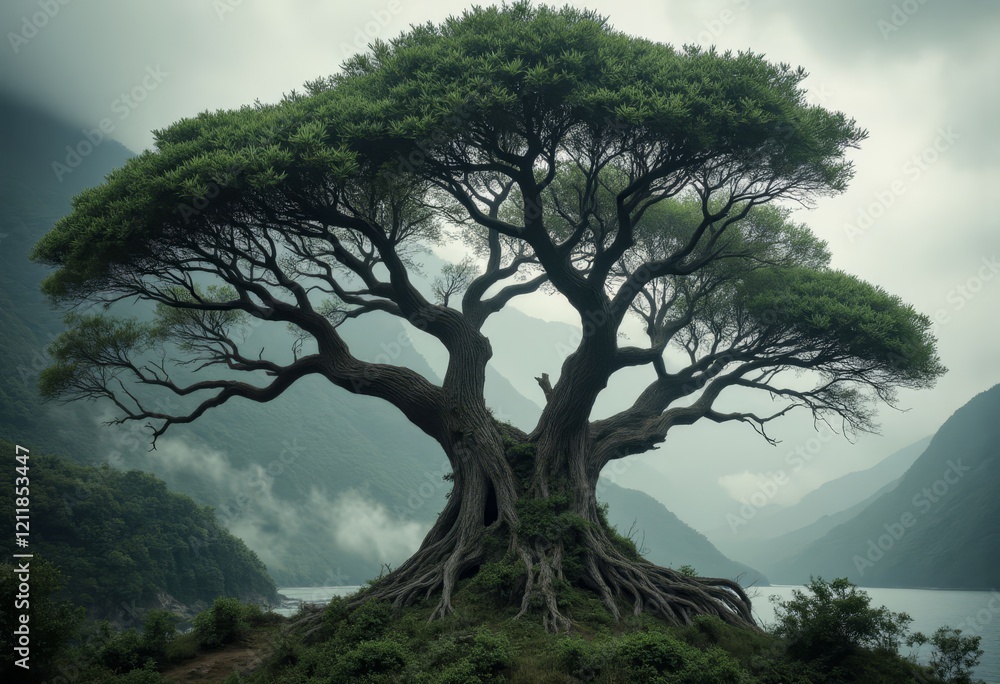 Large tree with exposed roots on foggy hillside by water Large tree with exposed roots on foggy hillside by water