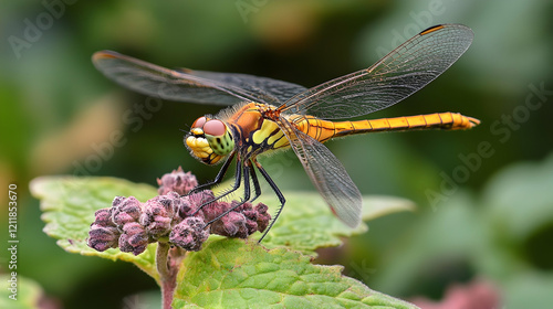 Dragonfly perched on flower, garden background, nature close-up, wildlife photography