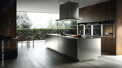 Modern kitchen island with stainless steel countertops and wood cabinets, overlooking a garden.