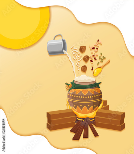 Paper cut poster design of boiling pot of pongal with the ingredients 