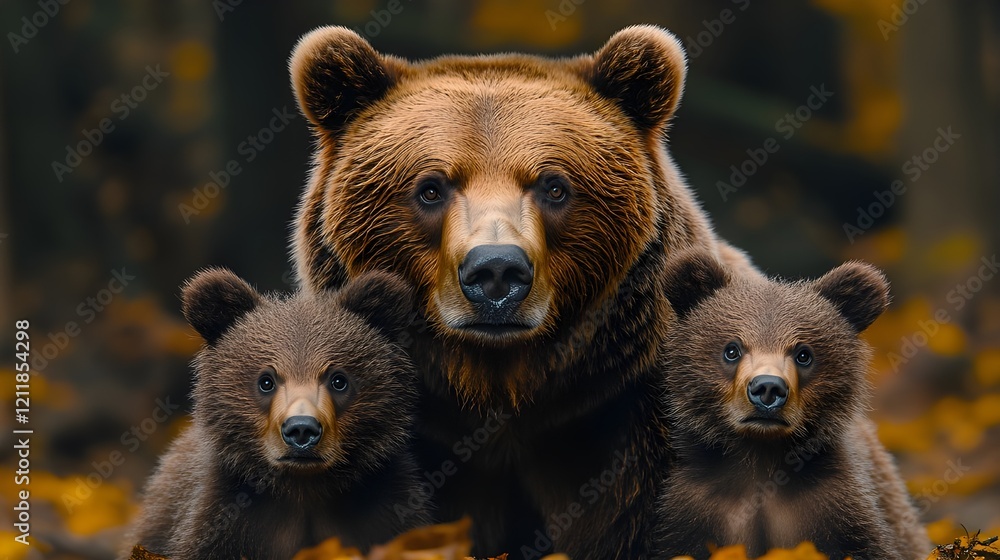 Obraz premium grizzly bear family portrait, three bears, mother bear with cubs, detailed fur texture, sharp focus, golden autumn background, majestic wildlife, intense gaze, National Geographic style, dramatic 